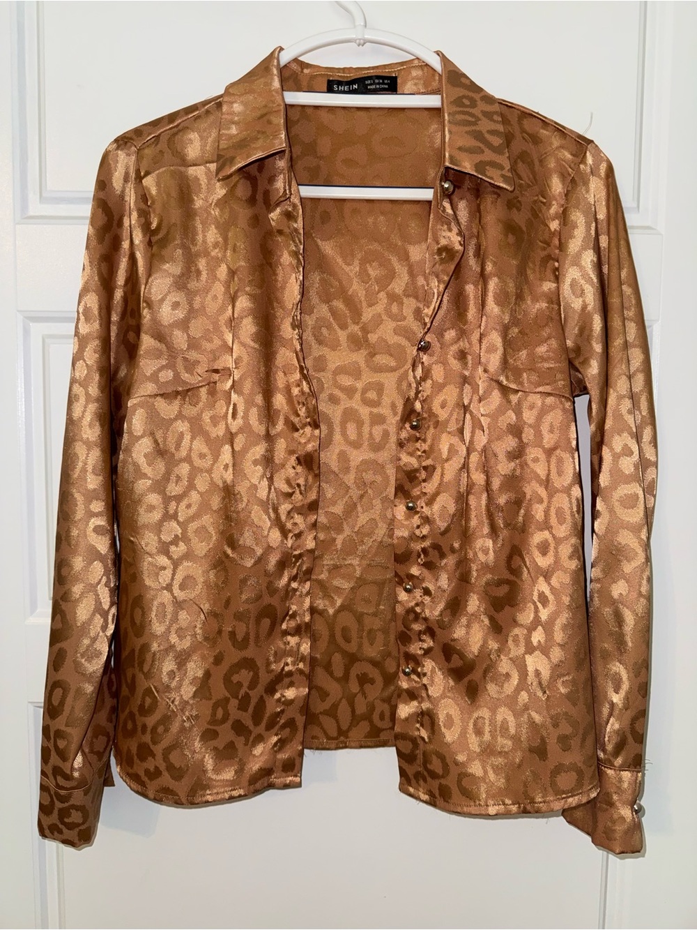 SHEIN Metallic Leopard Satin Shirt in Copper Brown